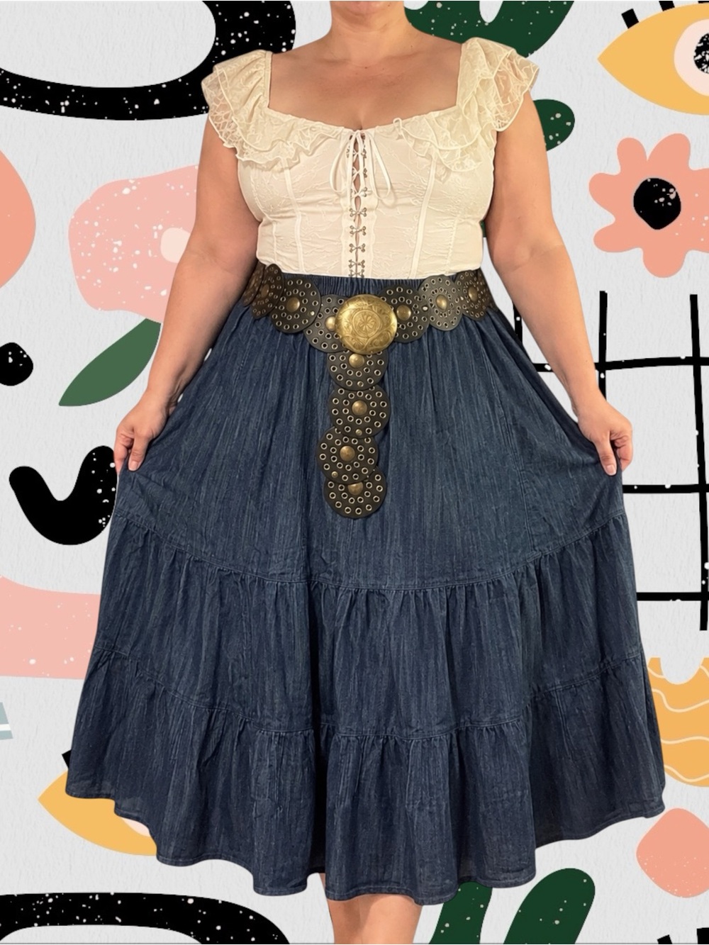 Roaman’s | Vintage 100% Cotton High Waisted Tiered Denim Midi Skirt